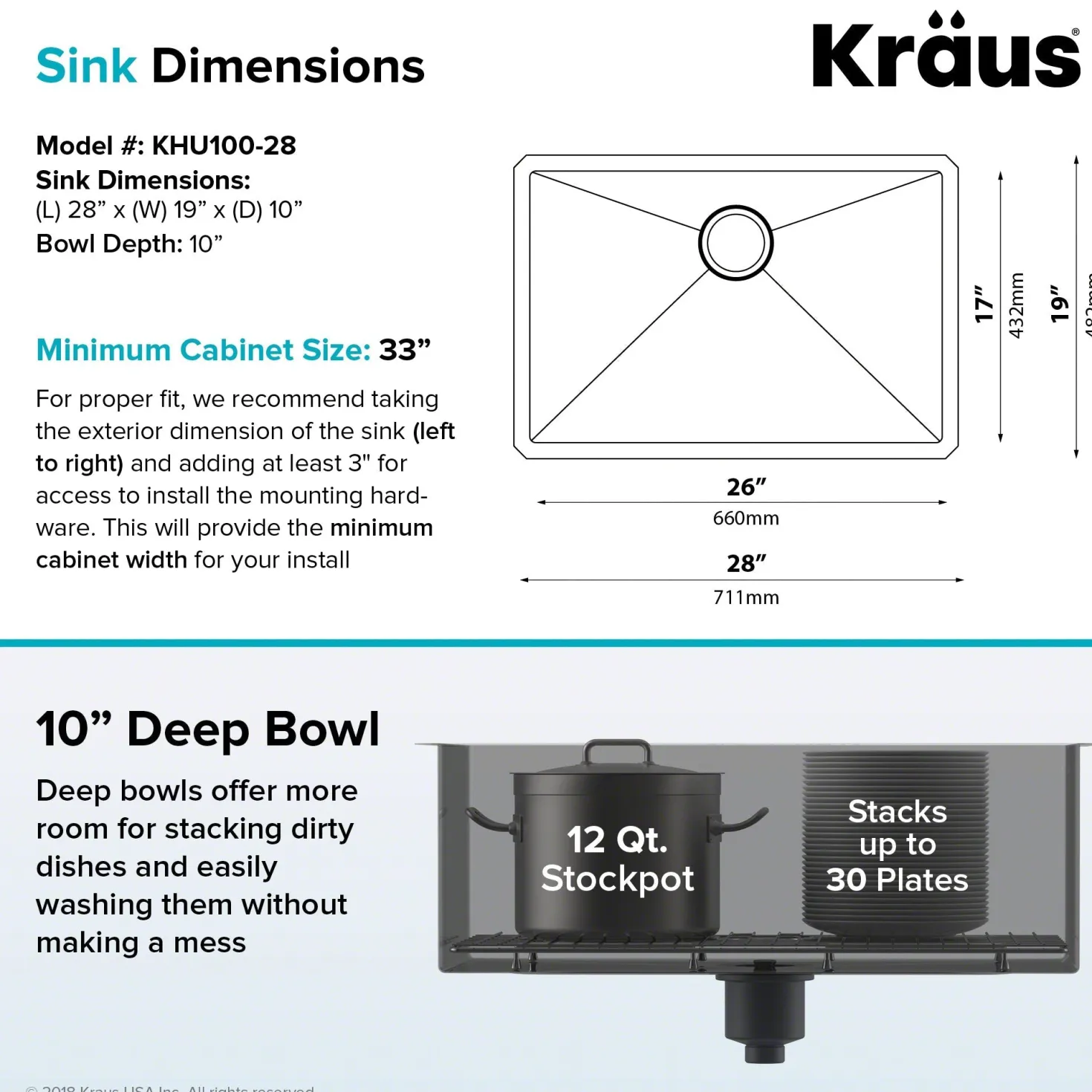 KRAUS 28" Undermount 16 Gauge Single Bowl Stainless Steel Small Radius Kitchen Sink