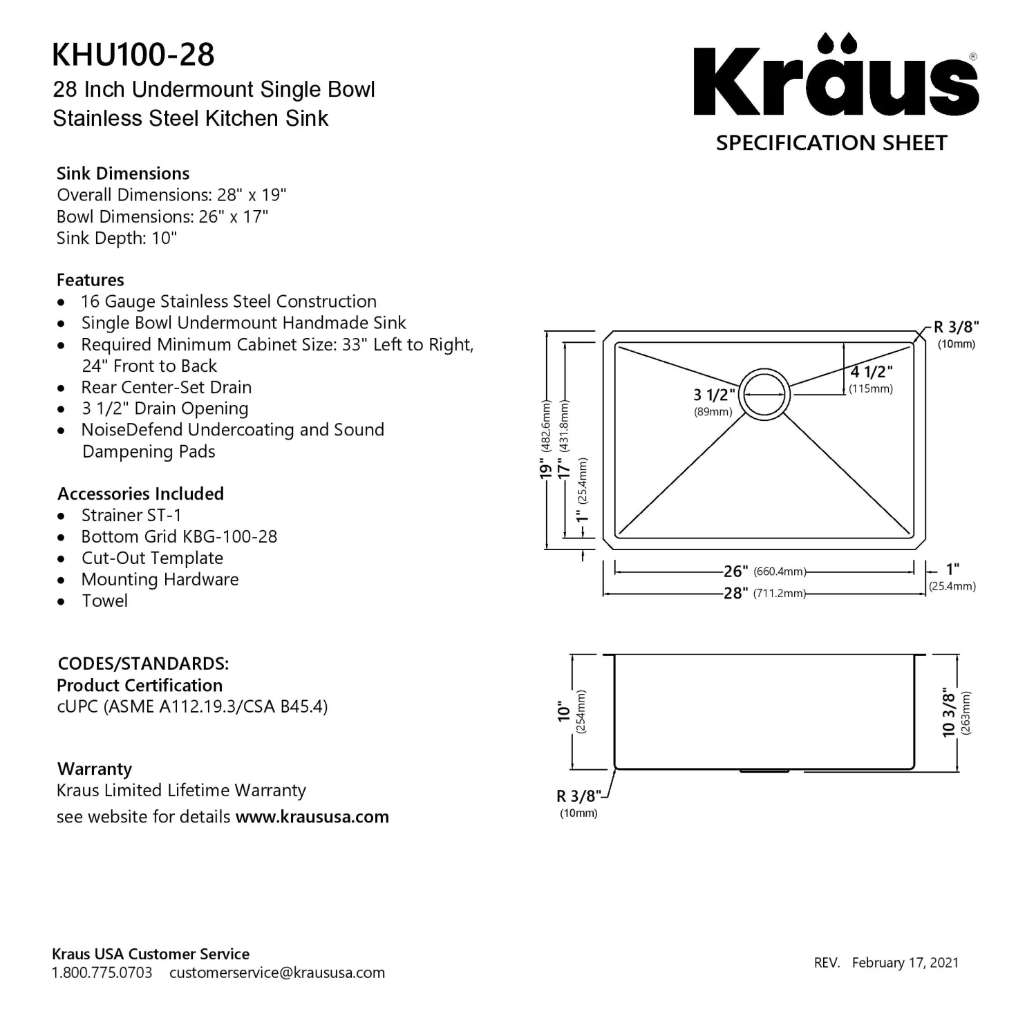 KRAUS 28" Undermount 16 Gauge Single Bowl Stainless Steel Small Radius Kitchen Sink