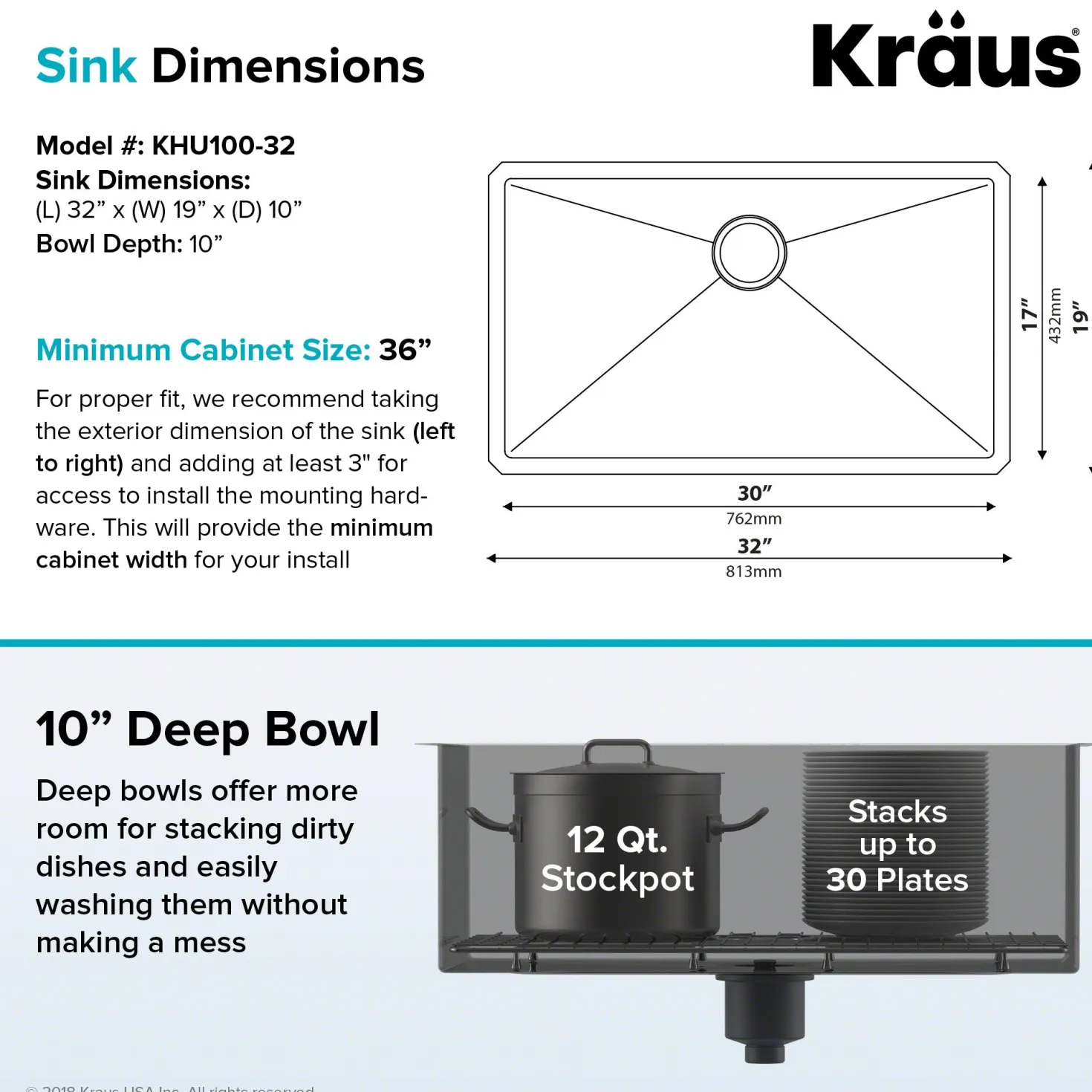 KRAUS 32" Undermount 16 Gauge Single Bowl Stainless Steel Small Radius Kitchen Sink