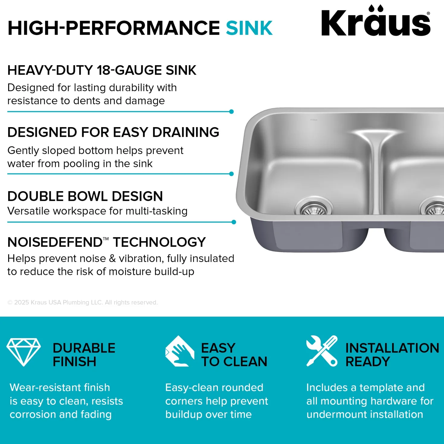 KRAUS 32" Undermount 50/50 Kitchen Sink