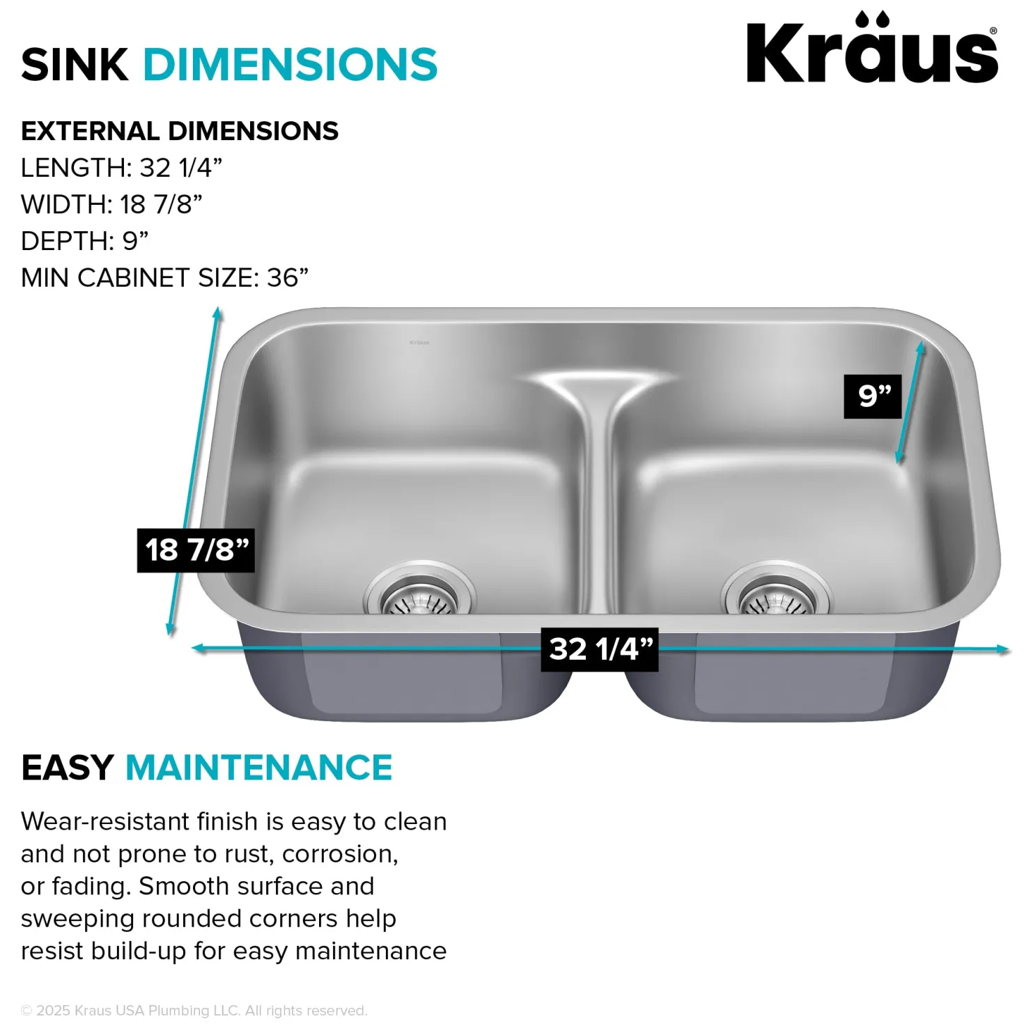 KRAUS 32" Undermount 50/50 Kitchen Sink