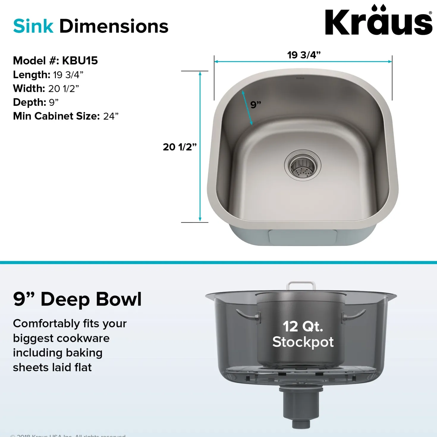 KRAUS 20" Undermount Single Bowl 16 Gauge Stainless Steel Kitchen Sink with NoiseDefend Soundproofing