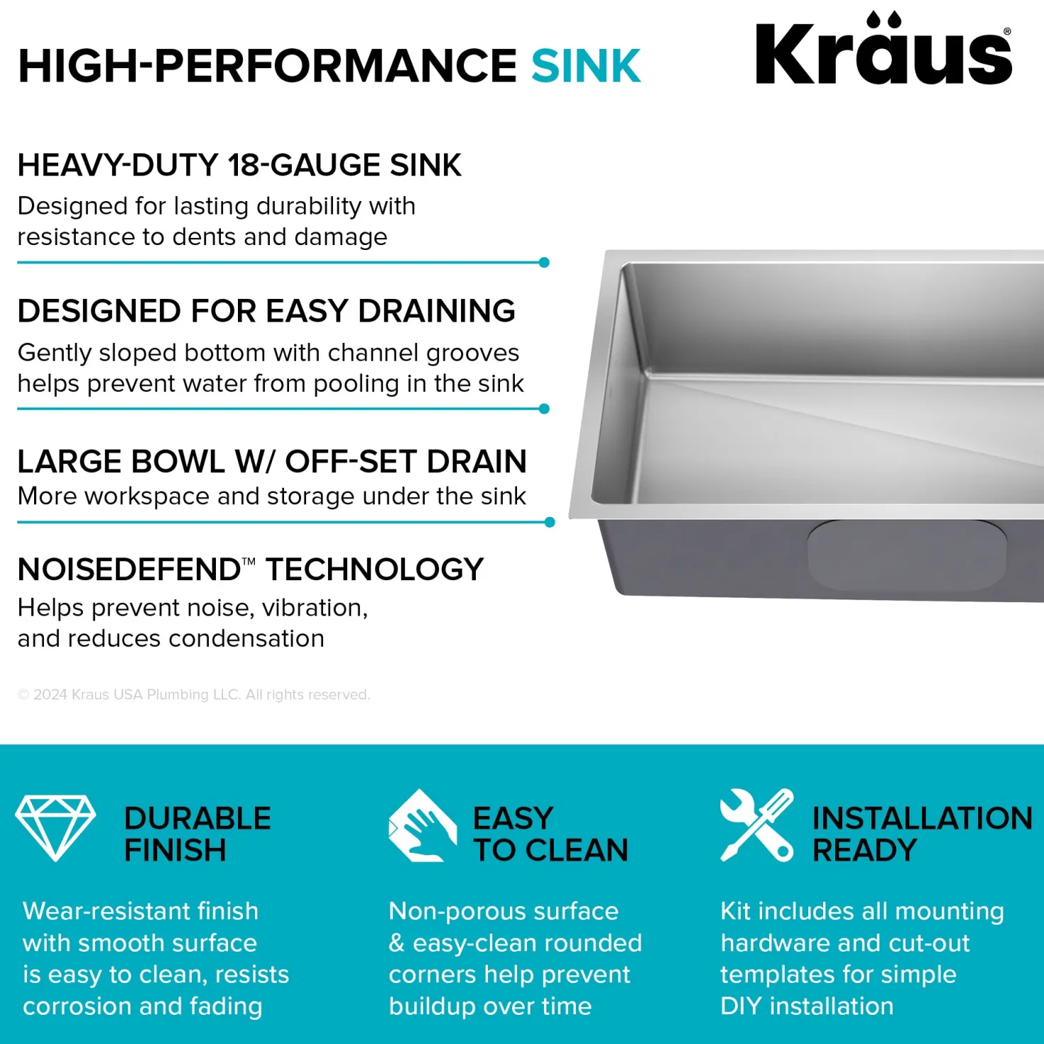 KRAUS 33” Undermount Single Bowl Stainless Steel Kitchen Sink
