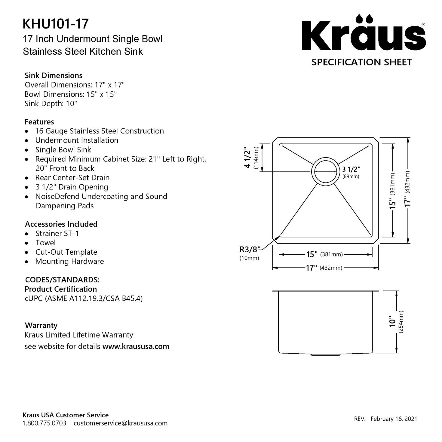 KRAUS 17" Undermount Single Bowl Stainless Steel Kitchen Bar Sink