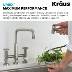 KRAUS Urbix Bridge Kitchen Faucet with Side Sprayer in Spot Free Stainless Steel