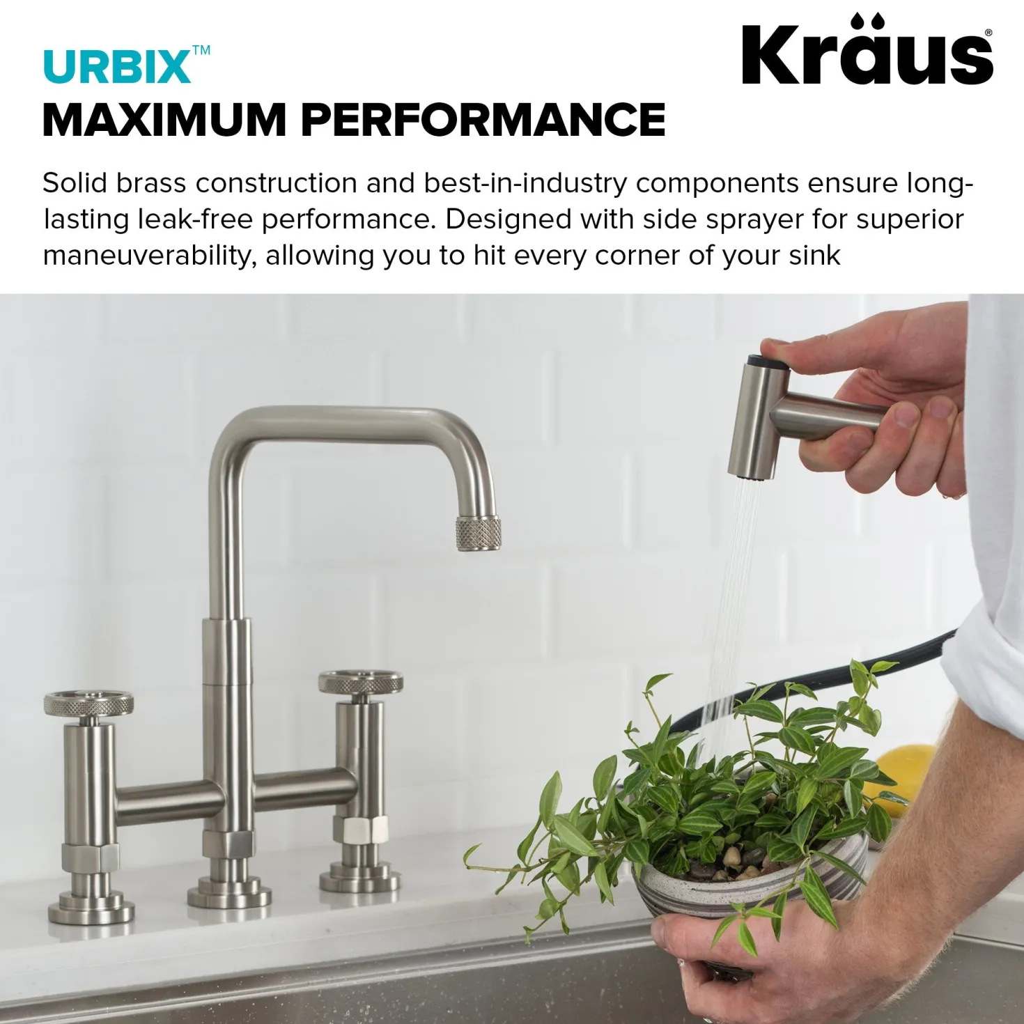 KRAUS Urbix Bridge Kitchen Faucet with Side Sprayer in Spot Free Stainless Steel