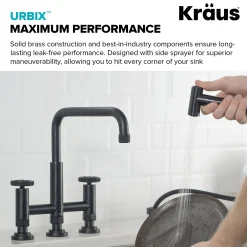 KRAUS Urbix Bridge Kitchen Faucet with Side Sprayer in Matte Black