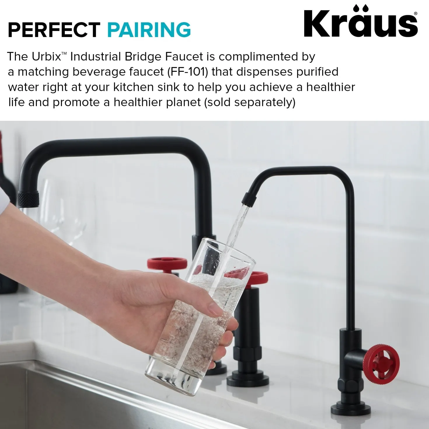 KRAUS Urbix Bridge Kitchen Faucet with Side Sprayer in Matte Black/Red