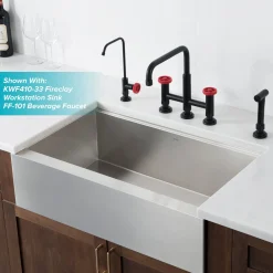 KRAUS Urbix Bridge Kitchen Faucet with Side Sprayer in Matte Black/Red