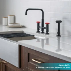 KRAUS Urbix Bridge Kitchen Faucet with Side Sprayer in Matte Black/Red