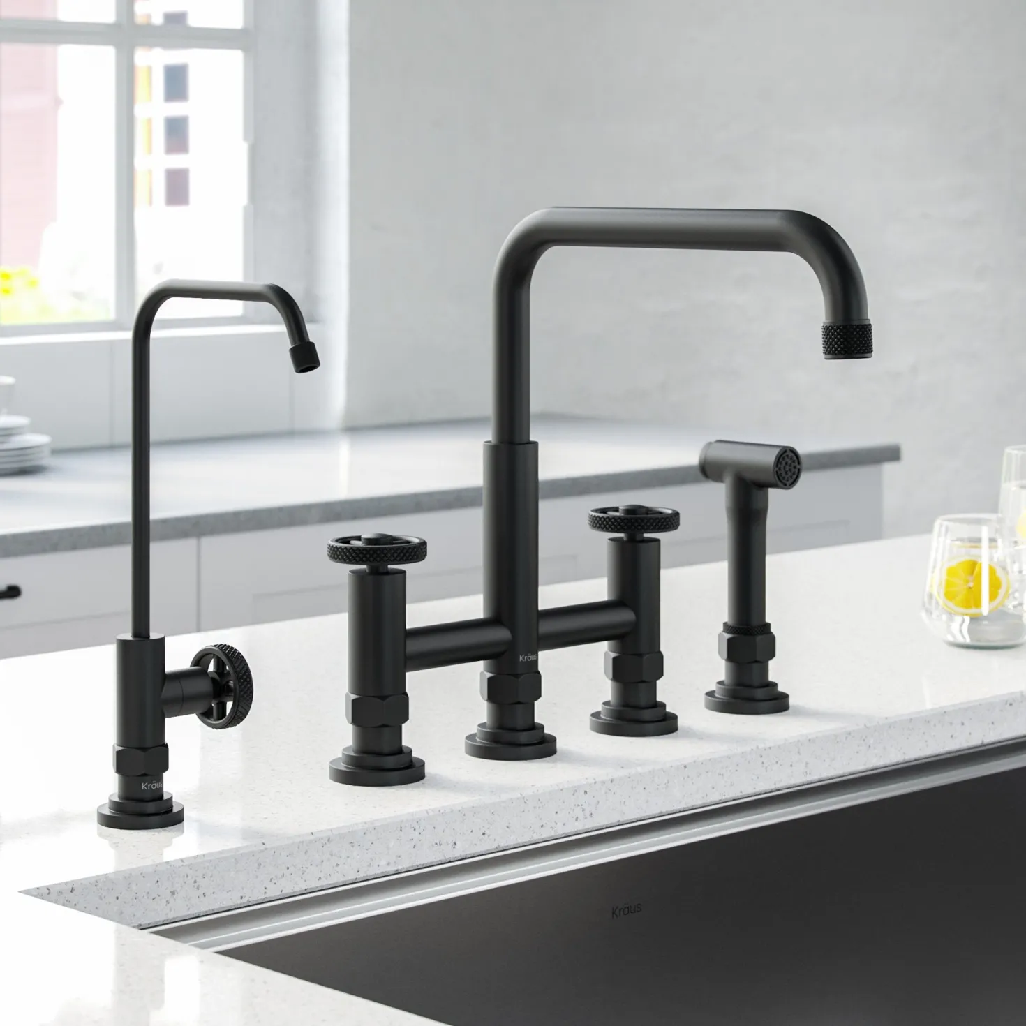 KRAUS Urbix Industrial Bridge Kitchen Faucet & Water Filter Faucet in Matte Black