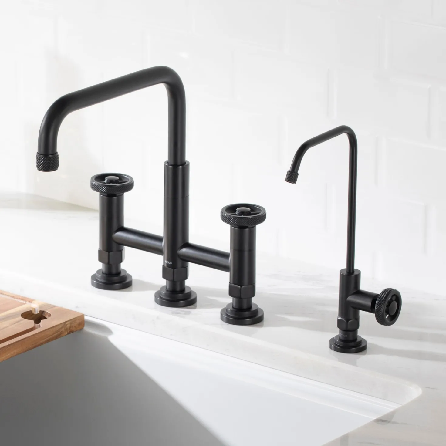 KRAUS Urbix Industrial Bridge Kitchen Faucet & Water Filter Faucet in Matte Black
