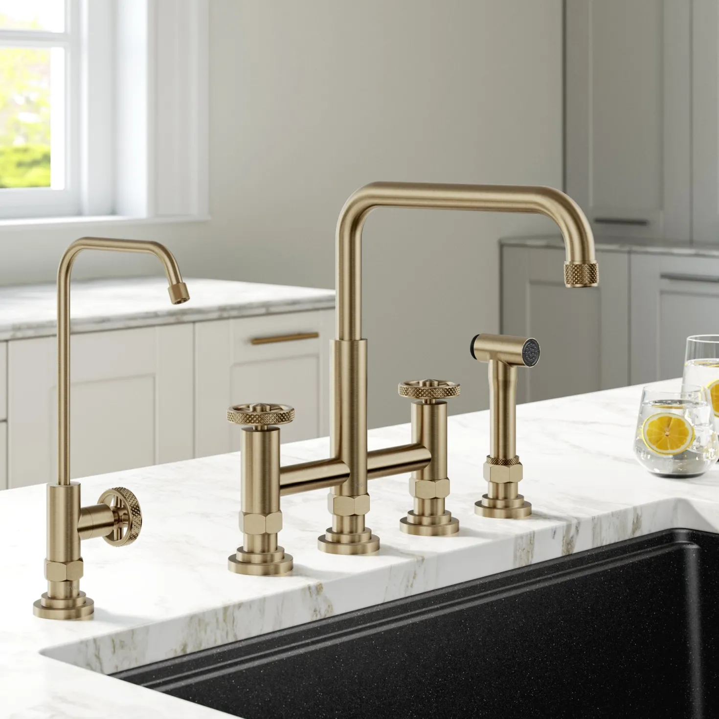 KRAUS Urbix Industrial Bridge Kitchen Faucet & Water Filter Faucet in Brushed Gold
