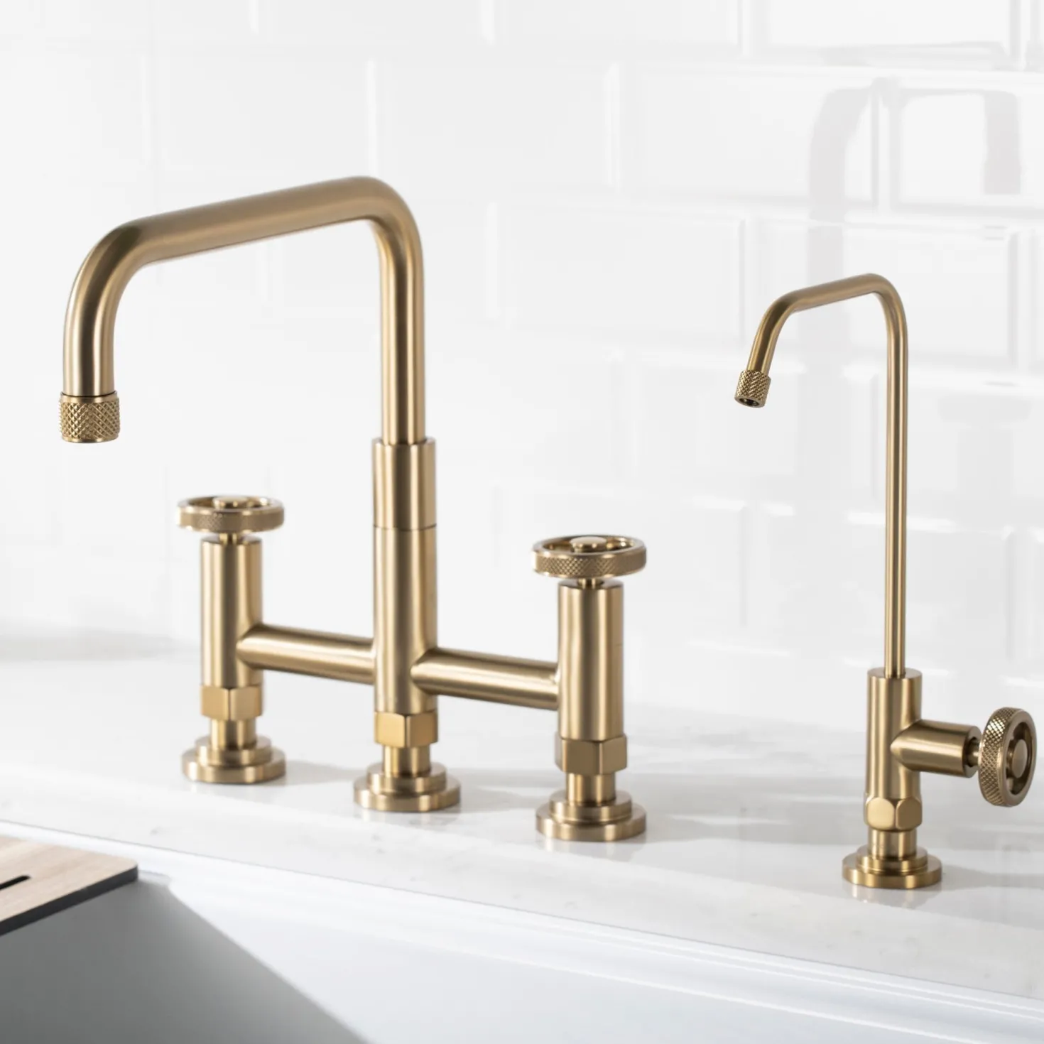 KRAUS Urbix Industrial Bridge Kitchen Faucet & Water Filter Faucet in Brushed Gold