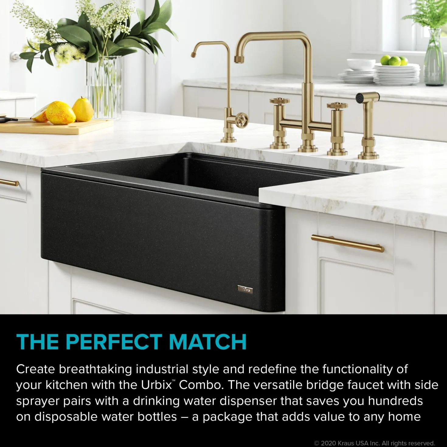 KRAUS Urbix Industrial Bridge Kitchen Faucet & Water Filter Faucet in Brushed Gold