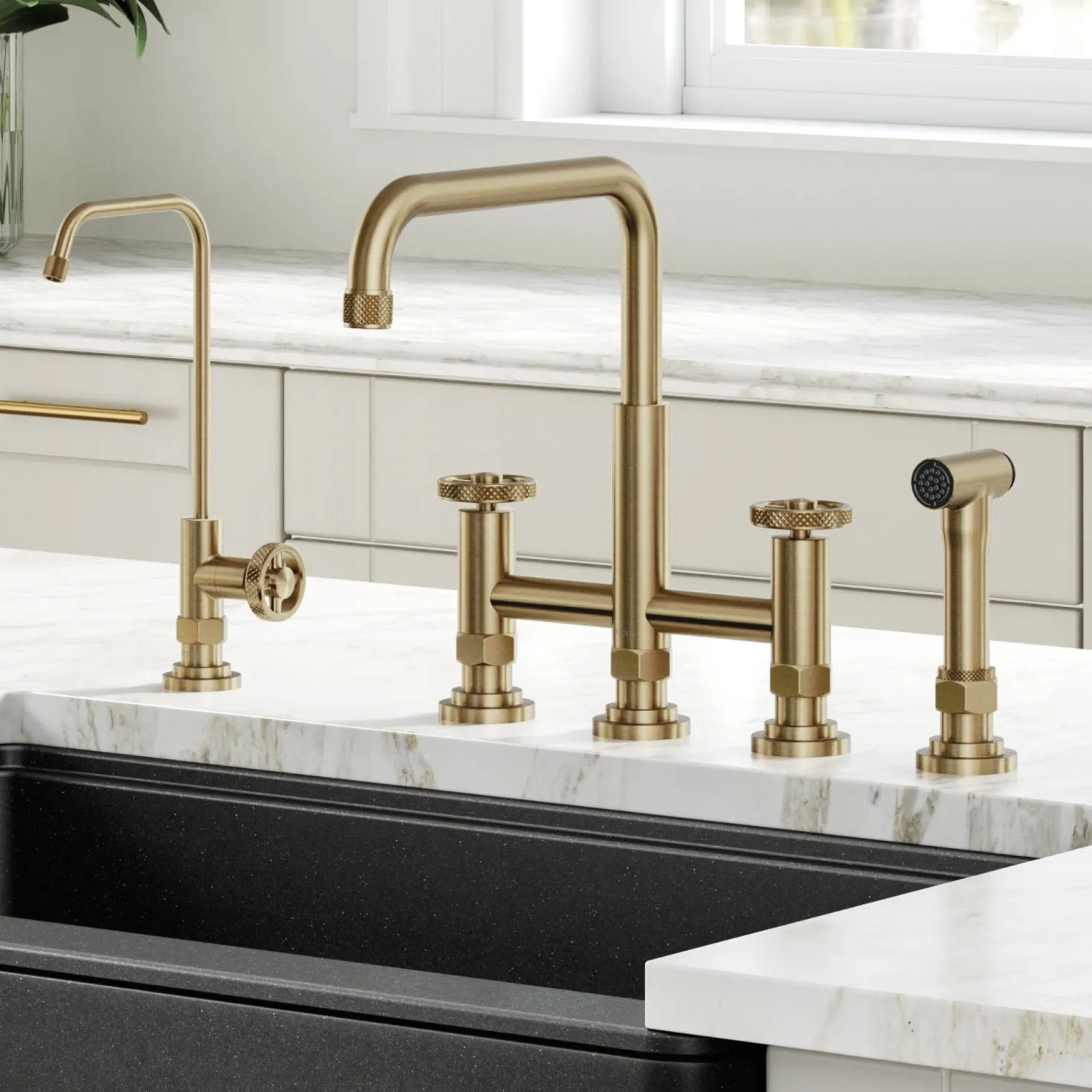 KRAUS Urbix Industrial Bridge Kitchen Faucet & Water Filter Faucet in Brushed Gold