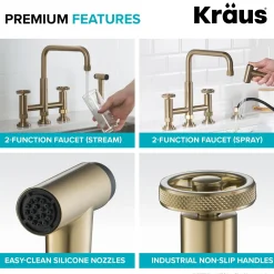 KRAUS Urbix Industrial Bridge Kitchen Faucet & Water Filter Faucet in Brushed Gold