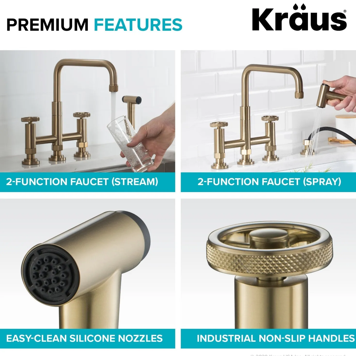 KRAUS Urbix Industrial Bridge Kitchen Faucet & Water Filter Faucet in Brushed Gold