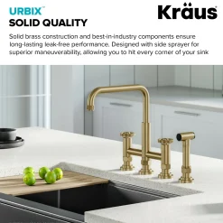 KRAUS Urbix Industrial Bridge Kitchen Faucet & Water Filter Faucet in Brushed Gold