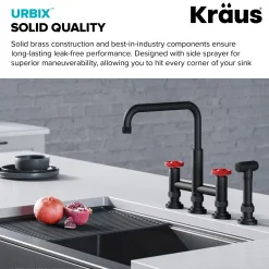 KRAUS Urbix Industrial Bridge Kitchen Faucet & Water Filter Faucet in Matte Black/Red
