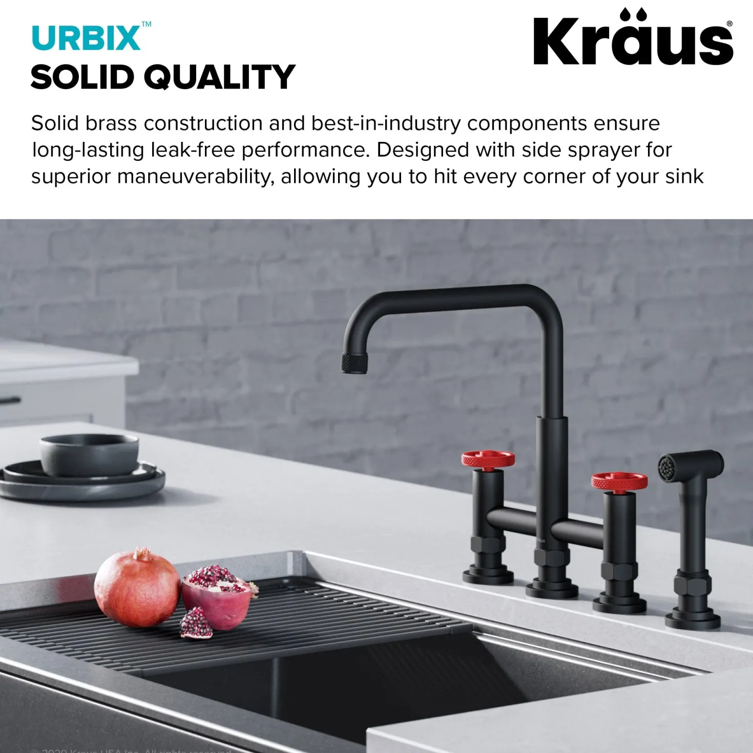 KRAUS Urbix Industrial Bridge Kitchen Faucet & Water Filter Faucet in Matte Black/Red