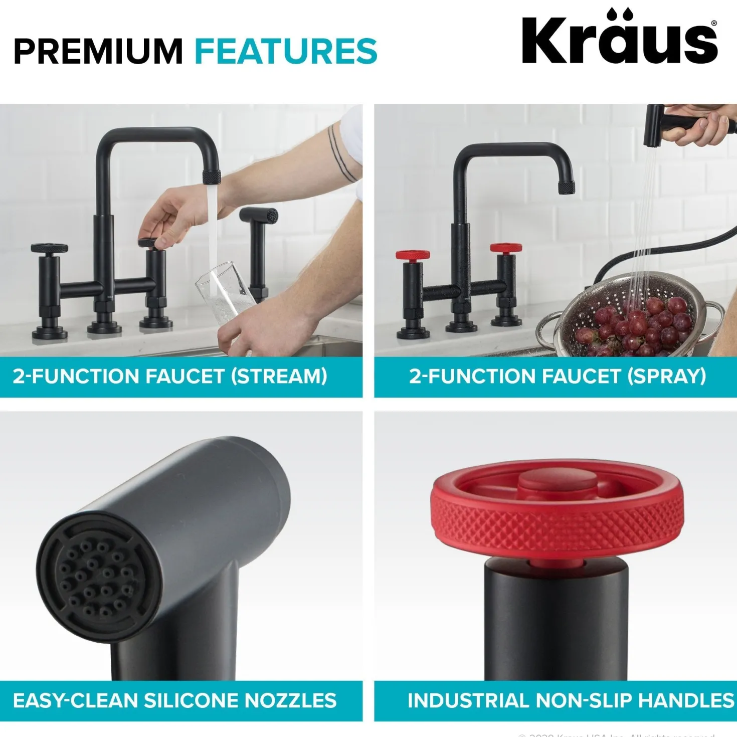 KRAUS Urbix Industrial Bridge Kitchen Faucet & Water Filter Faucet in Matte Black/Red