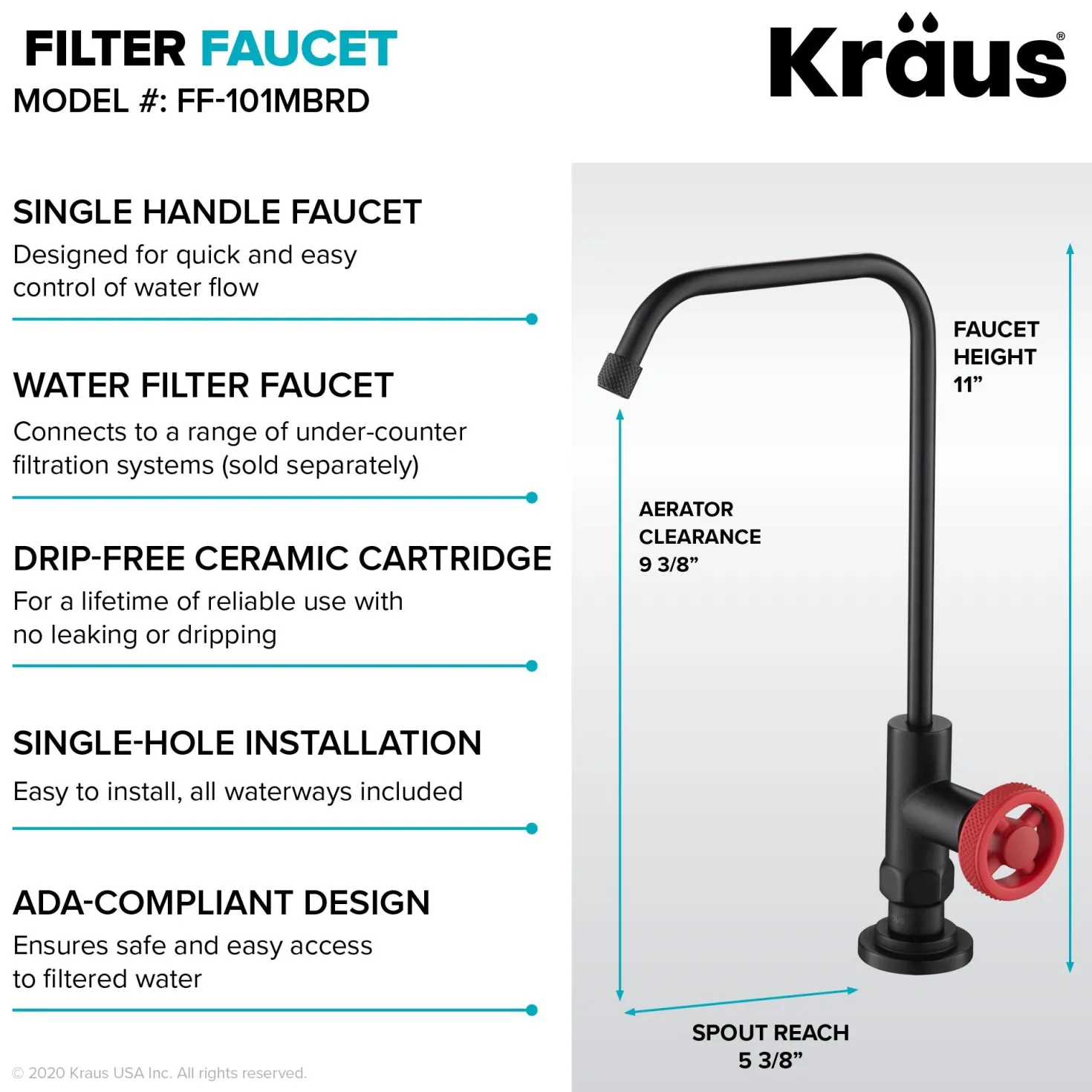 KRAUS Urbix Industrial Bridge Kitchen Faucet & Water Filter Faucet in Matte Black/Red