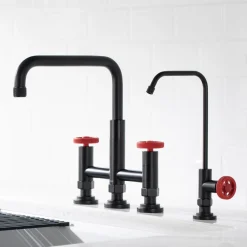 KRAUS Urbix Industrial Bridge Kitchen Faucet & Water Filter Faucet in Matte Black/Red