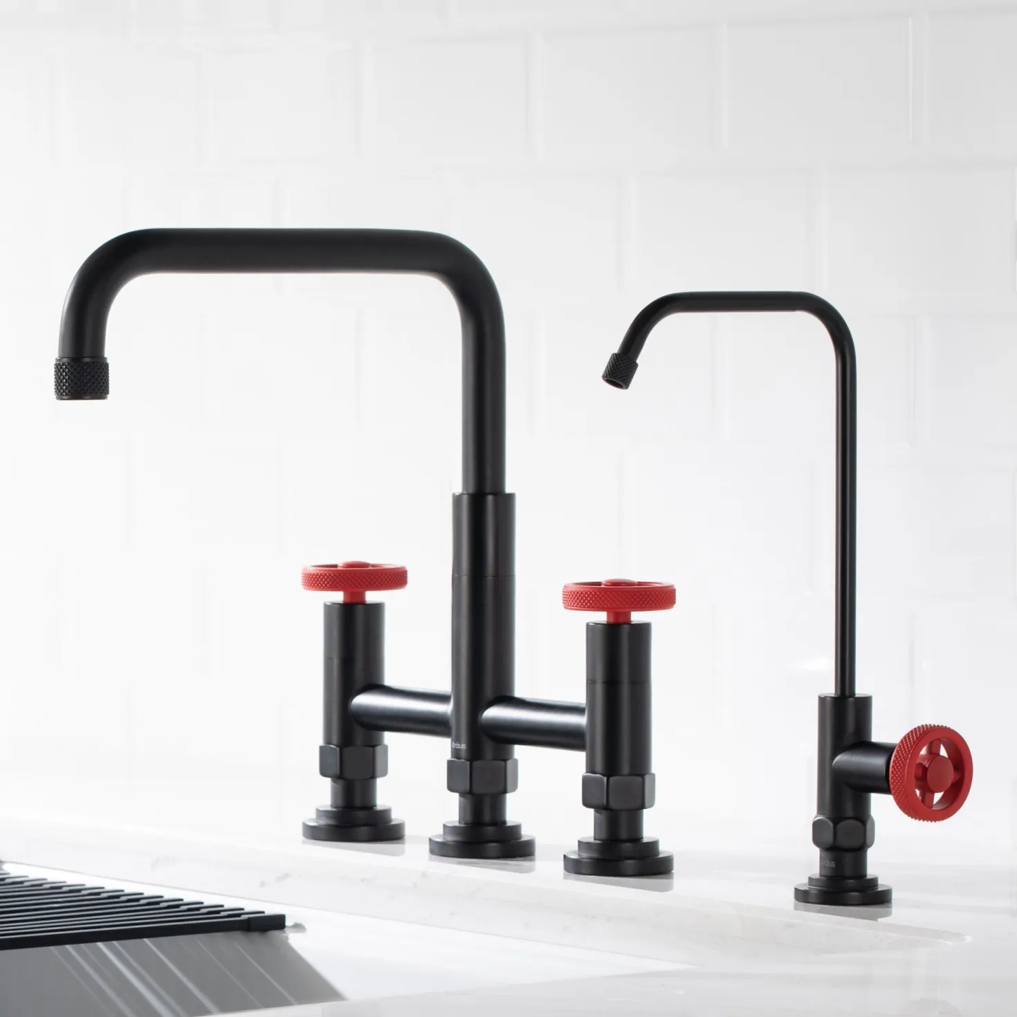 KRAUS Urbix Industrial Bridge Kitchen Faucet & Water Filter Faucet in Matte Black/Red