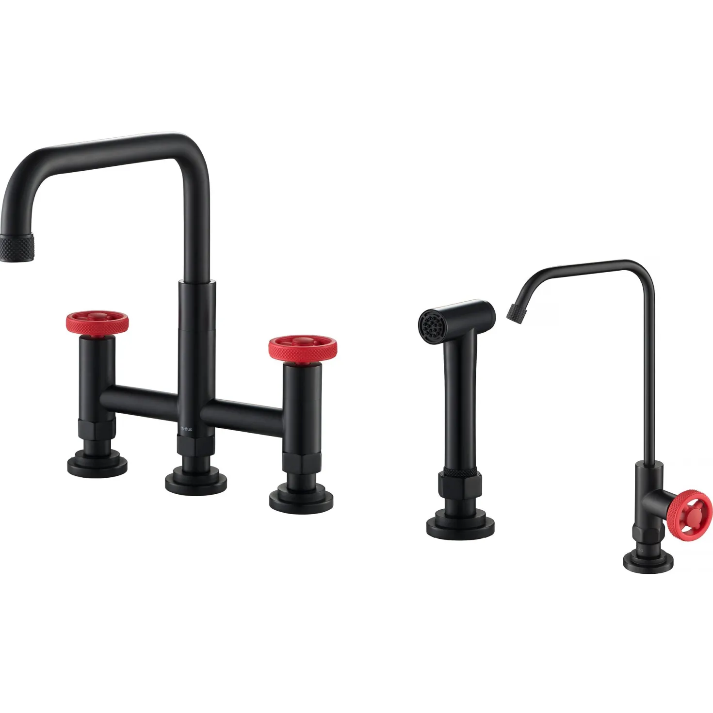 KRAUS Urbix Industrial Bridge Kitchen Faucet & Water Filter Faucet in Matte Black/Red