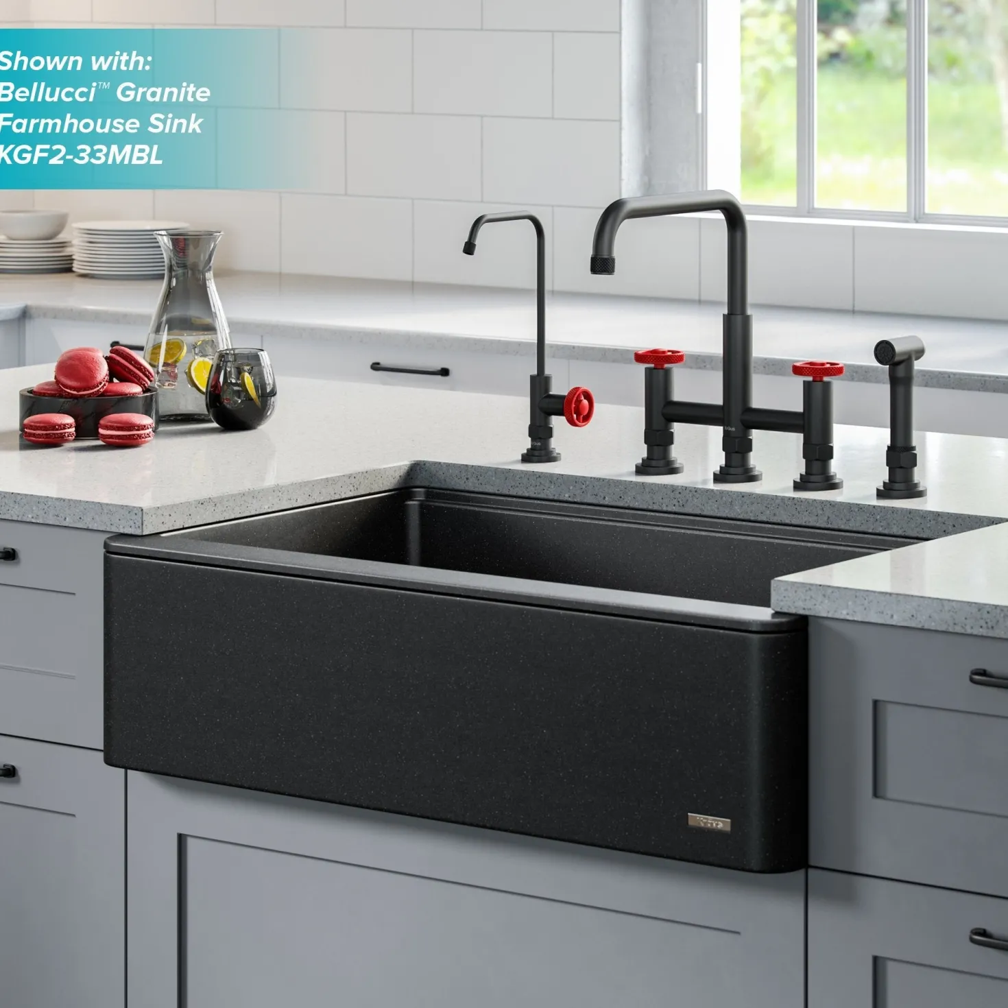 KRAUS Urbix Industrial Bridge Kitchen Faucet & Water Filter Faucet in Matte Black/Red