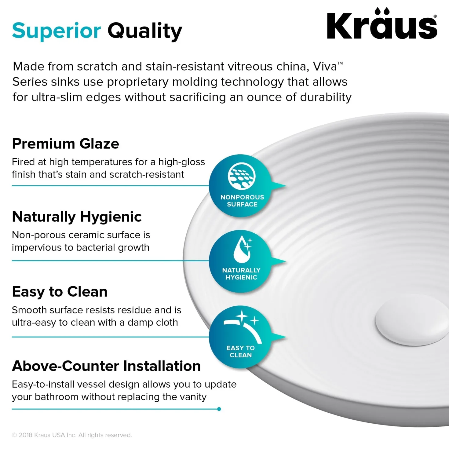 KRAUS Viva 16.5 Inch Round White Porcelain Ceramic Vessel Bathroom Sink