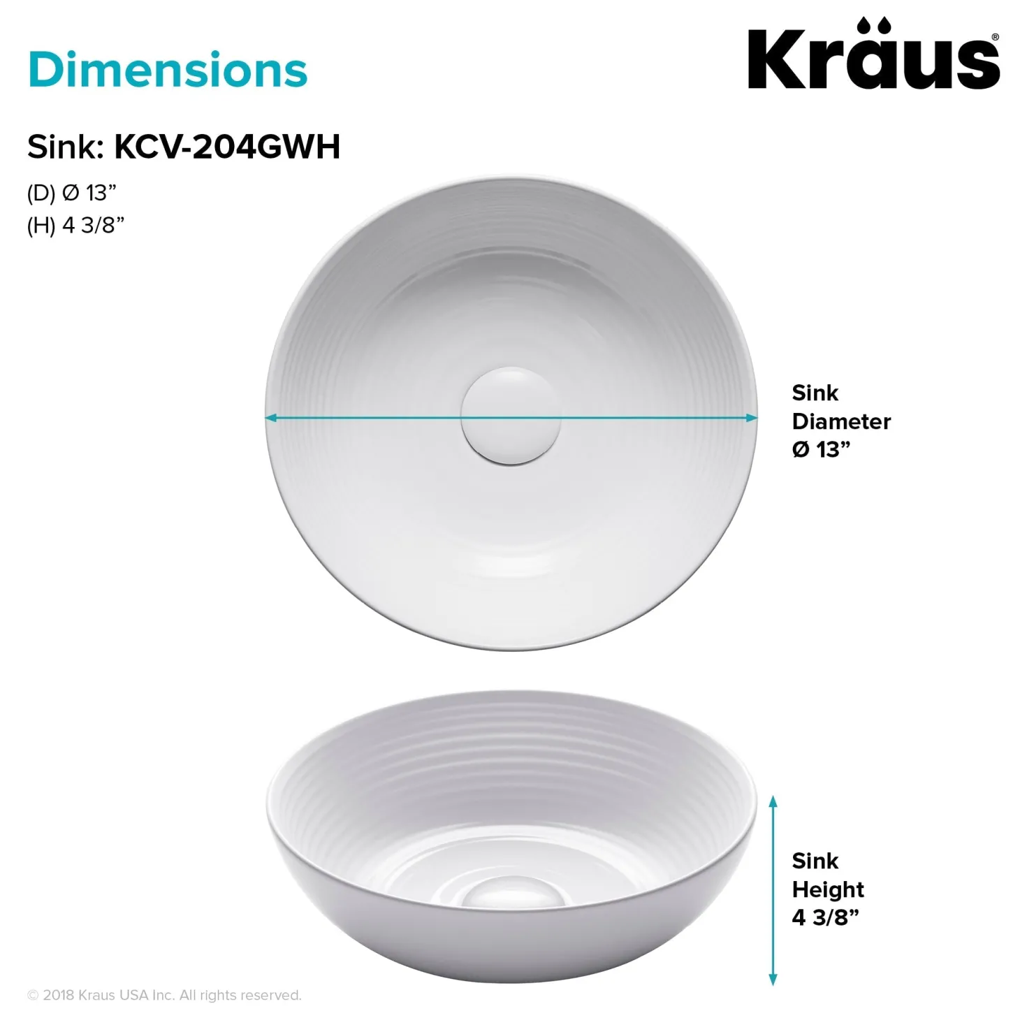 KRAUS Viva 13 Inch Round White Porcelain Ceramic Vessel Bathroom Sink
