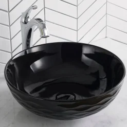 KRAUS Viva Round Black Porcelain Ceramic Vessel Bathroom Sink with Pop-Up Drain