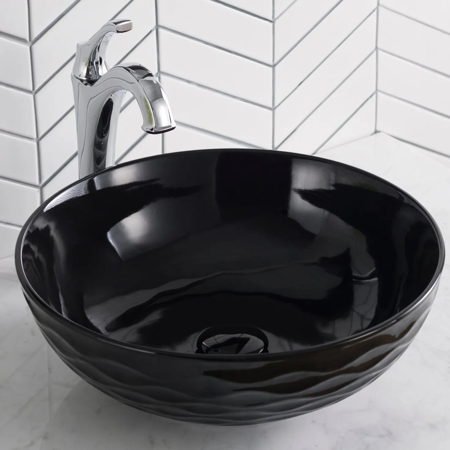KRAUS Viva Round Black Porcelain Ceramic Vessel Bathroom Sink with Pop-Up Drain