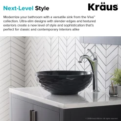 KRAUS Viva Round Black Porcelain Ceramic Vessel Bathroom Sink with Pop-Up Drain