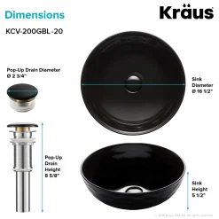 KRAUS Viva Round Black Porcelain Ceramic Vessel Bathroom Sink with Pop-Up Drain