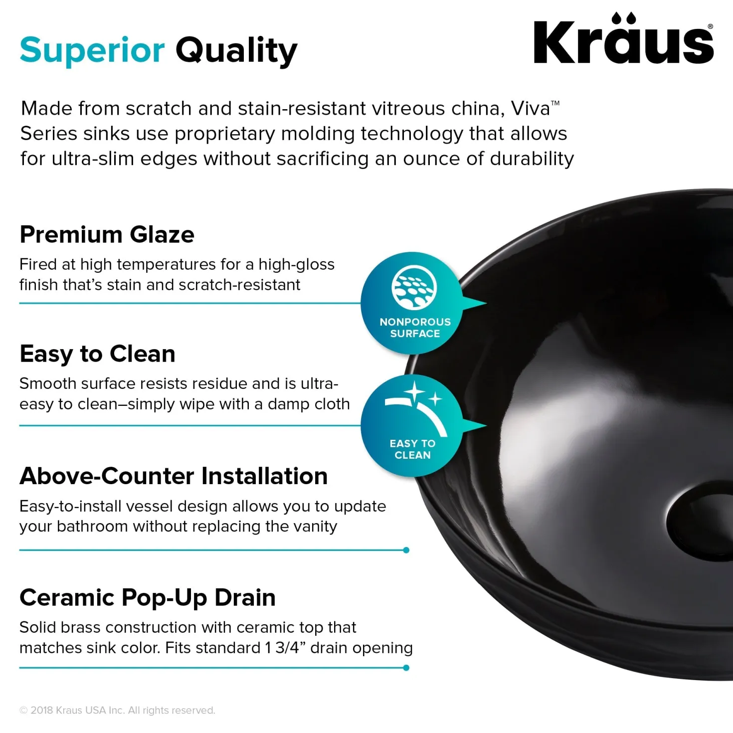 KRAUS Viva Round Black Porcelain Ceramic Vessel Bathroom Sink with Pop-Up Drain