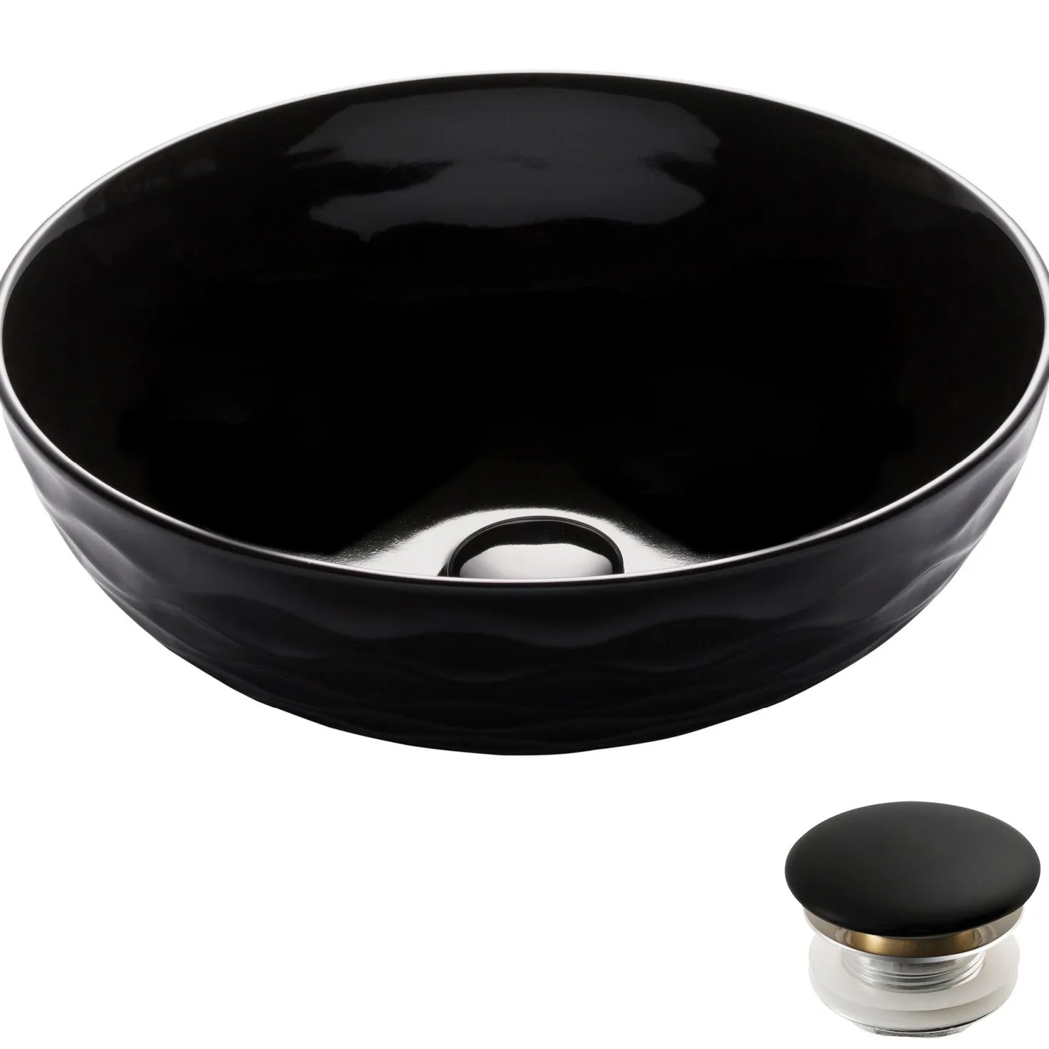 KRAUS Viva Round Black Porcelain Ceramic Vessel Bathroom Sink with Pop-Up Drain