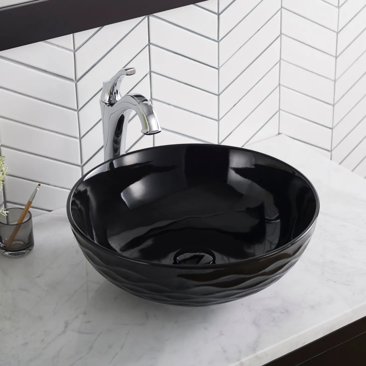 KRAUS Viva Round Black Porcelain Ceramic Vessel Bathroom Sink with Pop-Up Drain