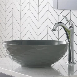 KRAUS Viva Round Gray Porcelain Ceramic Vessel Bathroom Sink with Pop-Up Drain