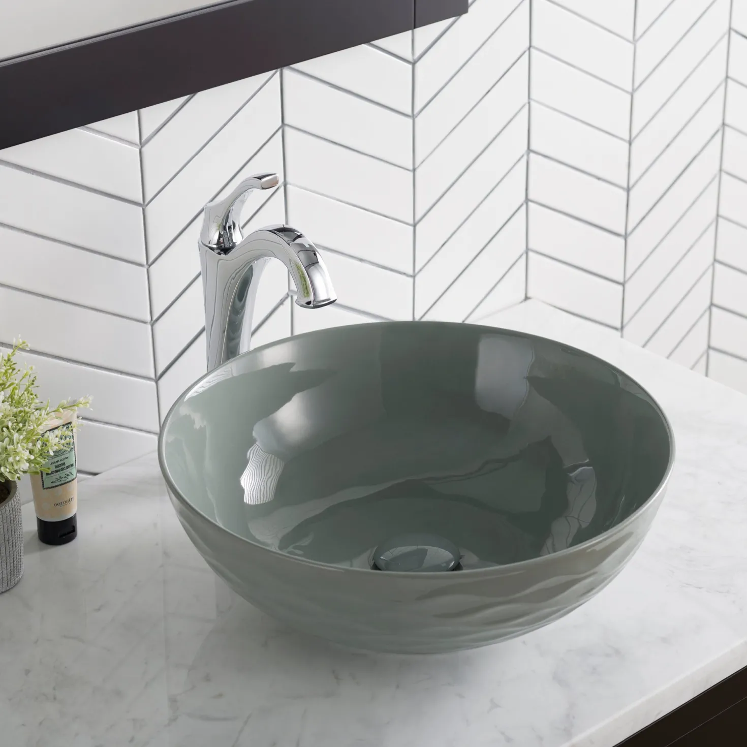KRAUS Viva Round Gray Porcelain Ceramic Vessel Bathroom Sink with Pop-Up Drain