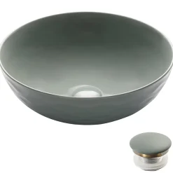 KRAUS Viva Round Gray Porcelain Ceramic Vessel Bathroom Sink with Pop-Up Drain