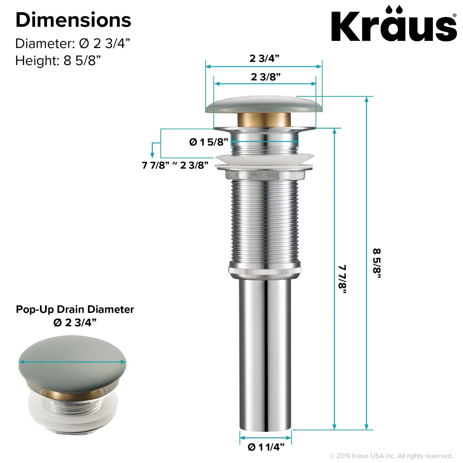 KRAUS Viva Round Gray Porcelain Ceramic Vessel Bathroom Sink with Pop-Up Drain
