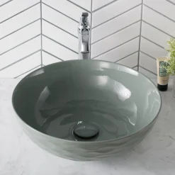 KRAUS Viva Round Gray Porcelain Ceramic Vessel Bathroom Sink with Pop-Up Drain