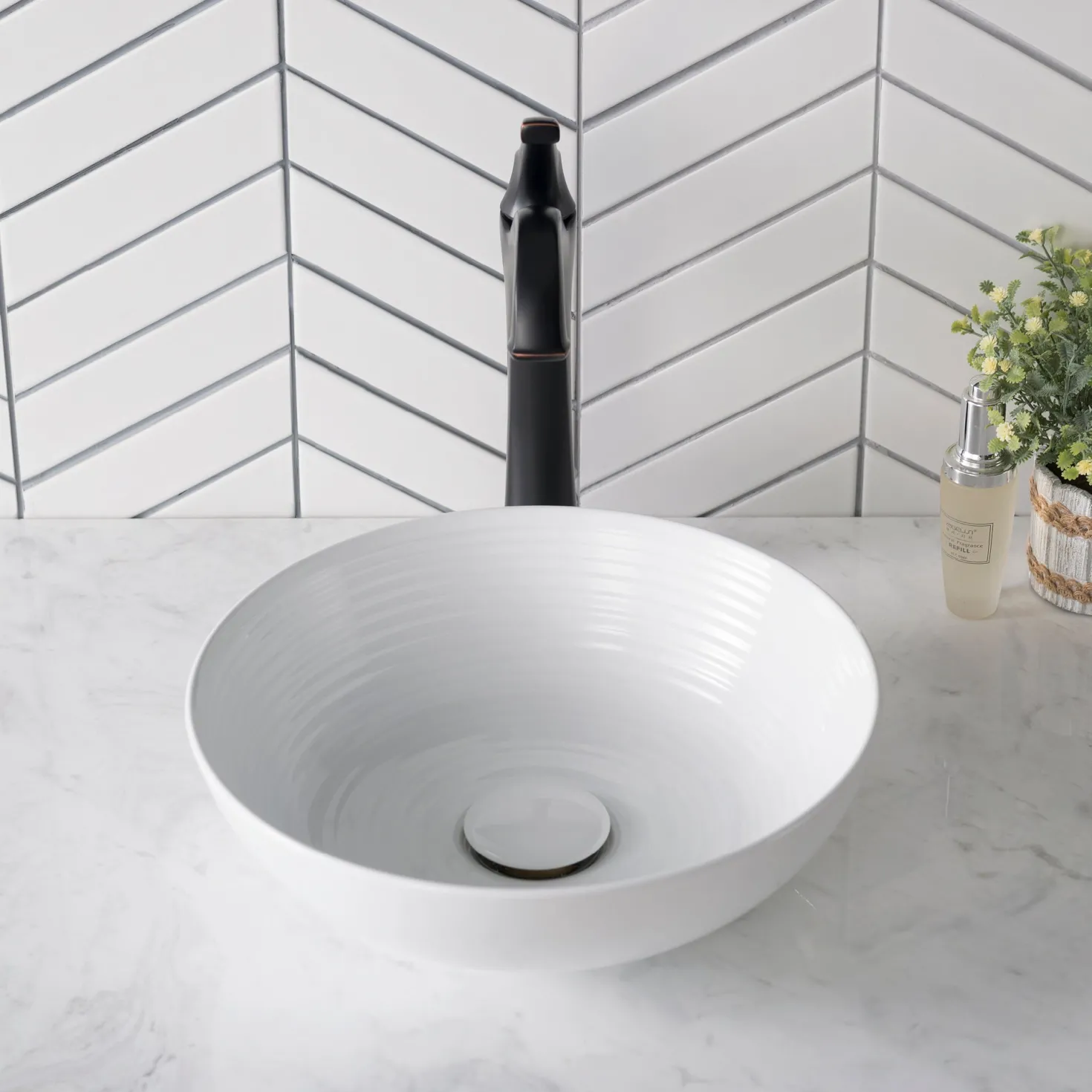 KRAUS Viva Round White Porcelain Ceramic Vessel Bathroom Sink with Pop-Up Drain, 13D x 4 3/8H