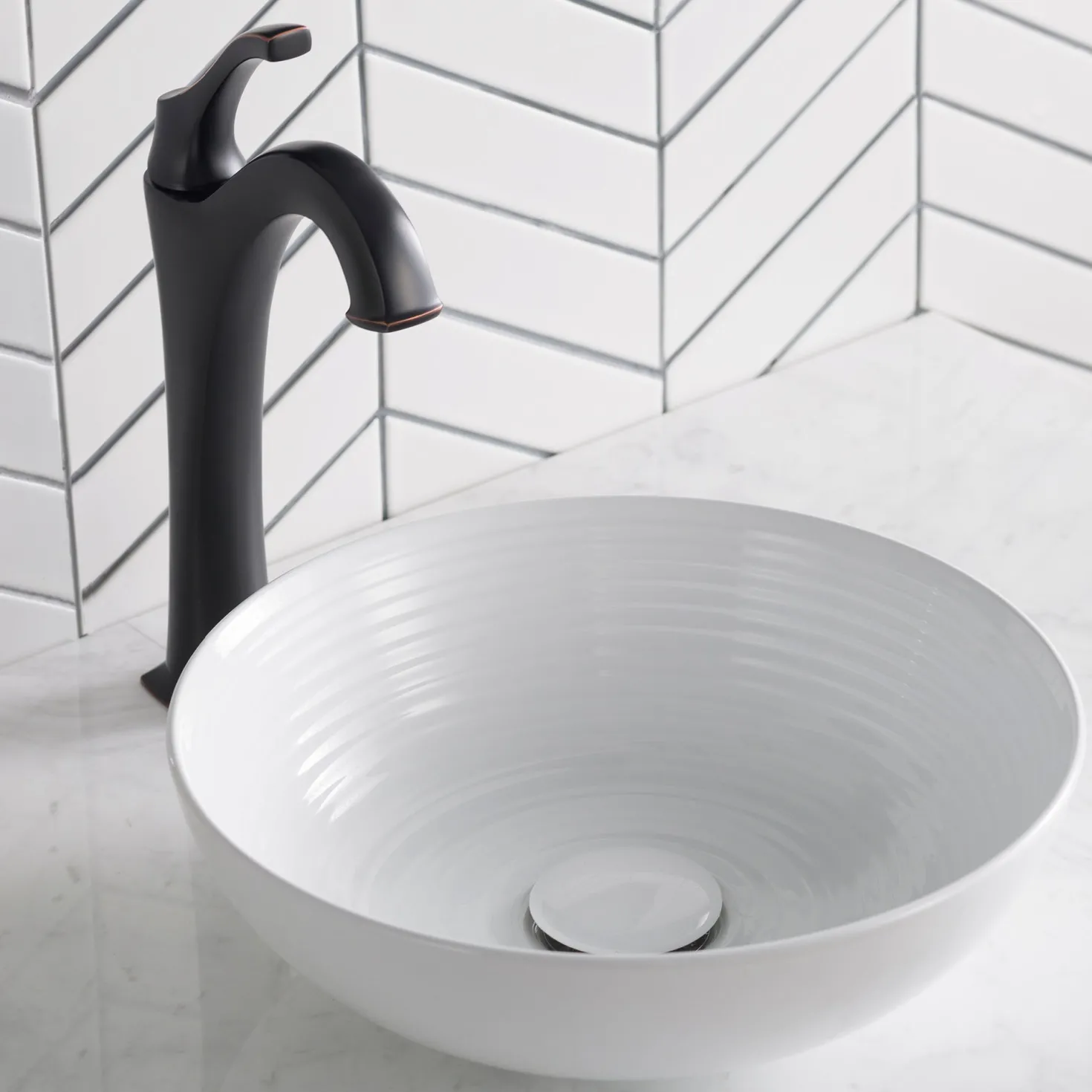 KRAUS Viva Round White Porcelain Ceramic Vessel Bathroom Sink with Pop-Up Drain, 13D x 4 3/8H