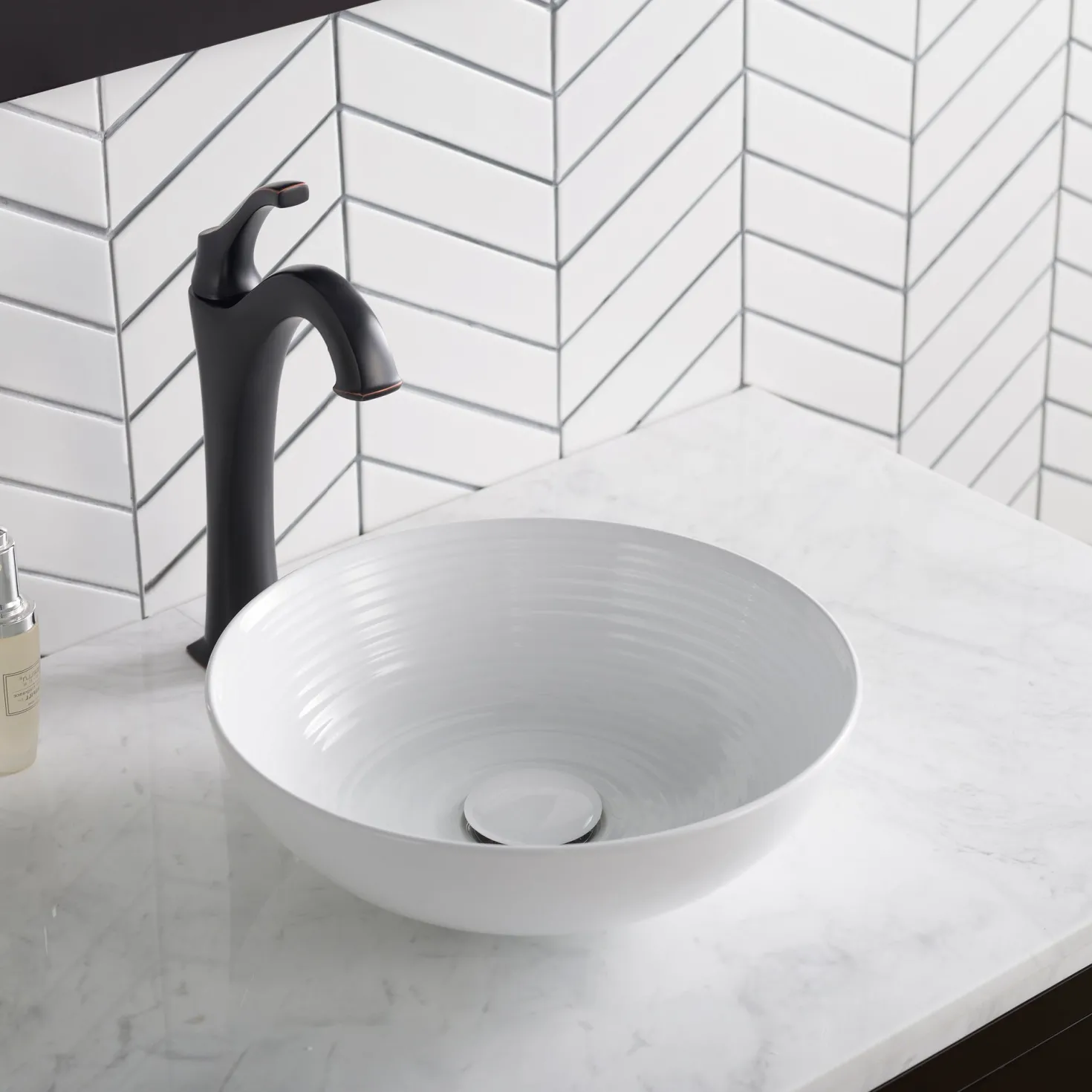 KRAUS Viva Round White Porcelain Ceramic Vessel Bathroom Sink with Pop-Up Drain, 13D x 4 3/8H