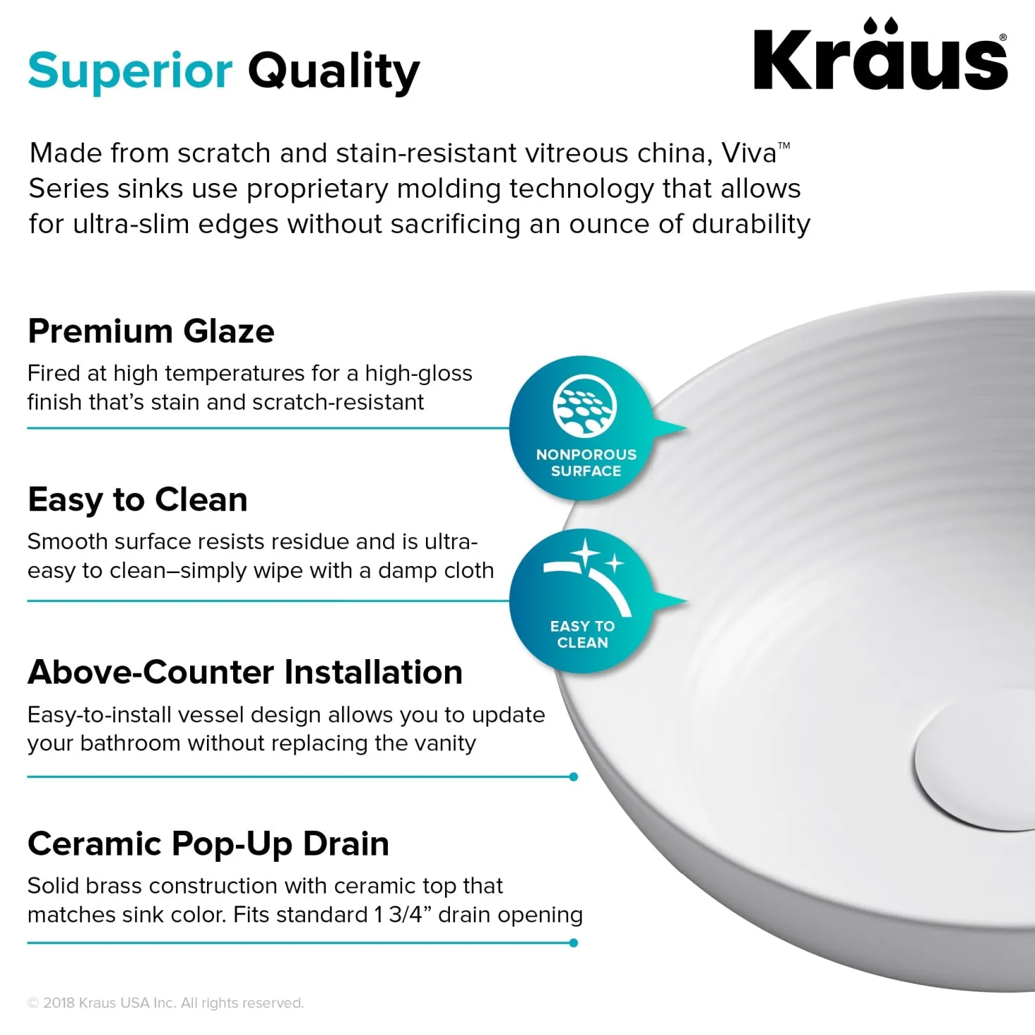 KRAUS Viva Round White Porcelain Ceramic Vessel Bathroom Sink with Pop-Up Drain, 13D x 4 3/8H