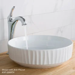 KRAUS Viva Round White Porcelain Ceramic Vessel Bathroom Sink with Pop-Up Drain, 15 3/4D x 4 3/4H